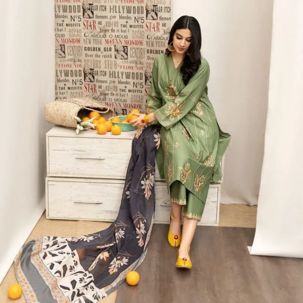 verdant oasis — premium embroidered lawn 3 piece suit with digital print dupatta