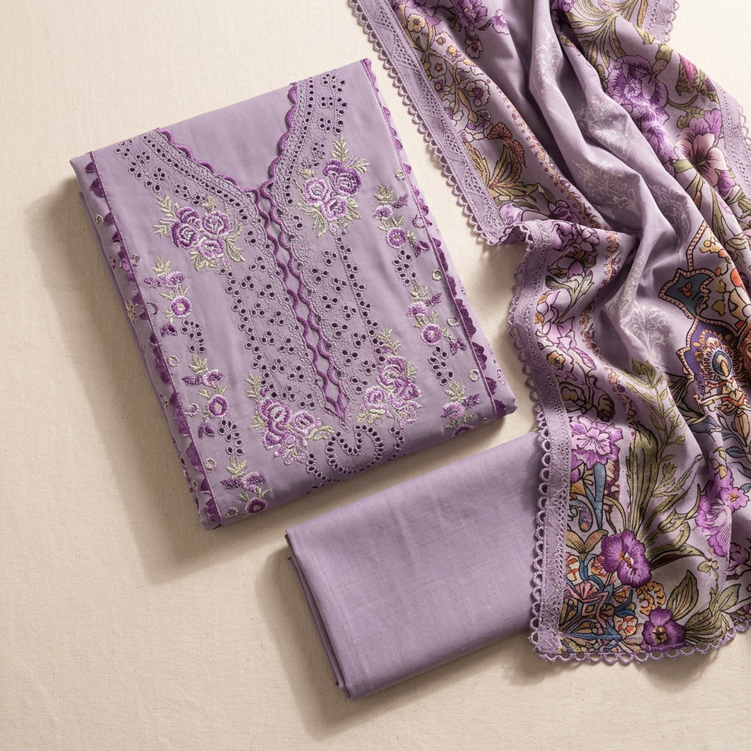 premium lilac embroidered lawn suit with digital printed diamond dupatta | 3 piece women's luxury collection premium lilac embroidered lawn suit with digital printed diamond dupatta | 3 piece women's luxury collection